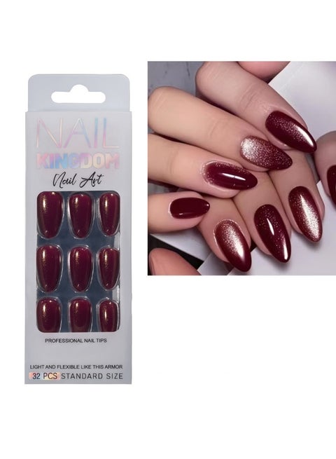 32Pcs Press On False Nails, Short Burgundy Aurora Fine Glitter Almond Nails, Perfectly Create a Fashionable Nail Art Effect. Fake Acrylic Nails With Glue Kit.False Nails Art DIY Gifts For Women.